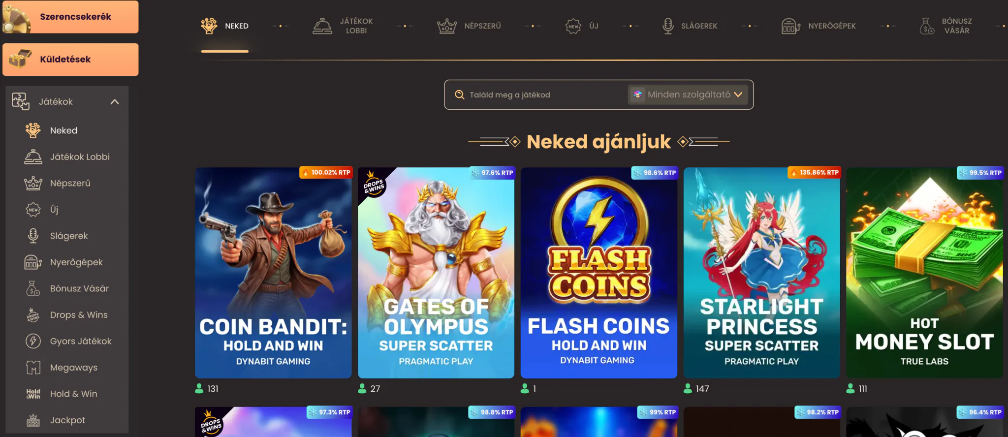National Casino játéklobbi kategóriákkal, keresővel, ajánlásokkal és aktuális RTP-értékekkel